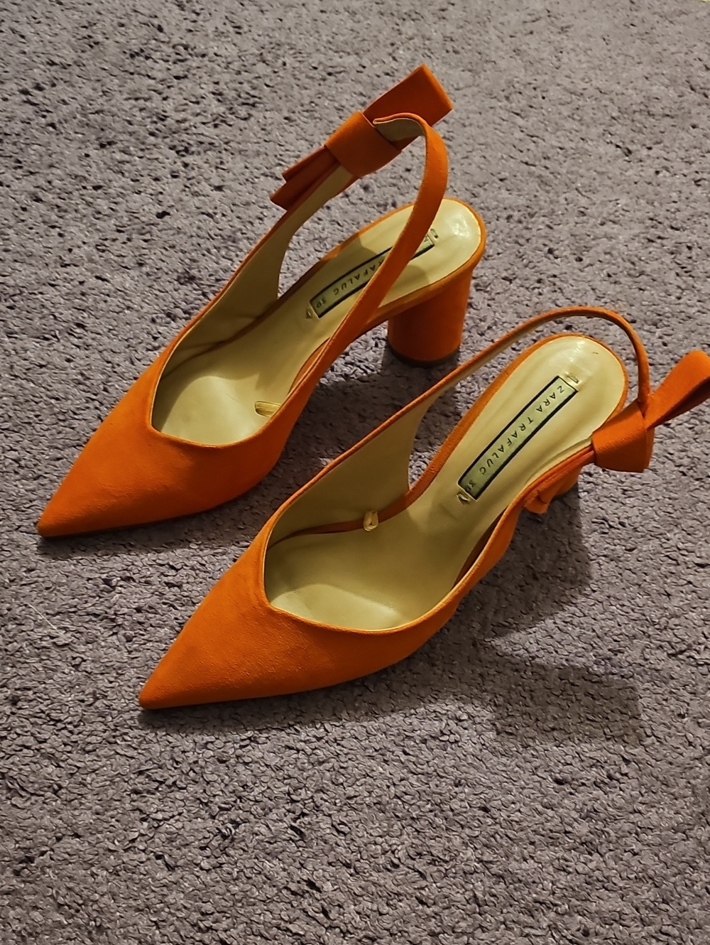 Zara Orange Pointed Slingback Block-Heel Pumps